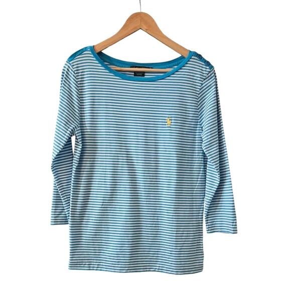 Lauren Ralph Lauren Tops - Ralph Lauren Womens LG Blue White Striped Top 100% Pima Cotton Yellow Pony Logo